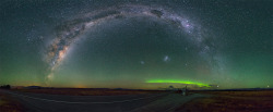 just–space:  Milky Way arch and Aurora over Mazkenzie county