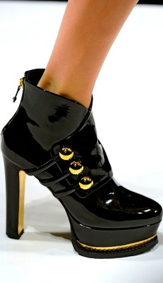    Moschino black patent leather platform ankle boots with gold