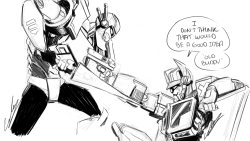 rinpin:Late night TFA Optimus and Sentinel sketch. Bounty bot
