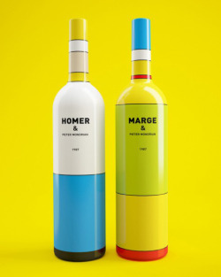 designcloud:  Mondrian inspired Homer & Marge wine bottles 