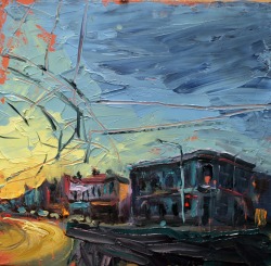 ashleyfrostart:  “High Street Corner” Oil on board, 16x16cm,