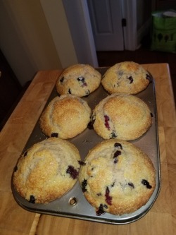Homemade Blueberry Buttermilk Muffins with crunchy sugar tops,