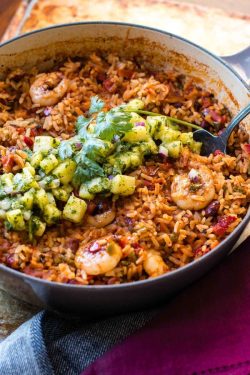 foodffs:One Pot Sticky Honey Lime Shrimp with Pineapple Chimichurri