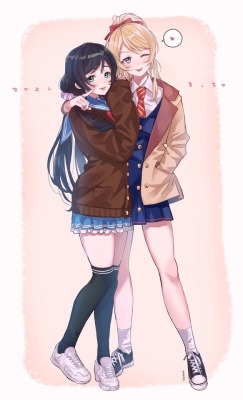 love live! ayase eli toujou nozomi seifuku sweater tagme thighhighs