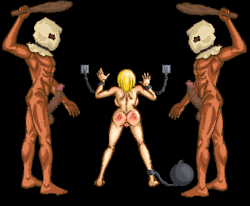 Busty oppai hentai adventurer slut with big tits chained up and getting ganged by soem monster cocked bandits in scarecrow mask in an animated xxx hentai gif from the game Bikini Quest.
