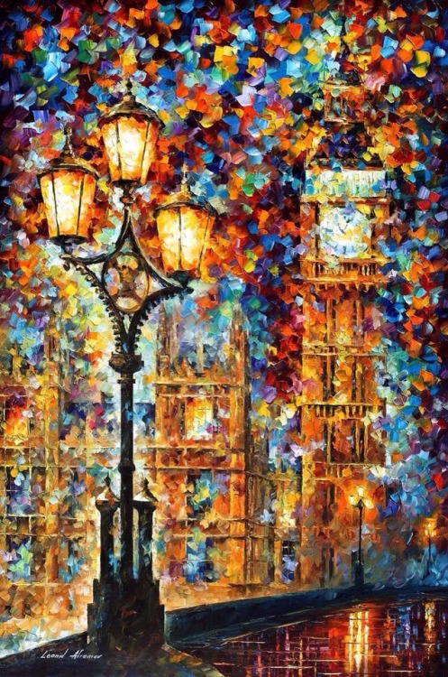 dumbcuntts:  paintvrlife:  Leonid Afremov is a passionate painter from Mexico who paints with palette knife with oil on canvas. He loves to express the beauty, harmony and spirit of this world in his paintings, which are rich in different moods, colors