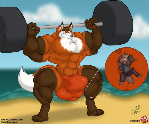 I’m happy I got permission to post this one; I love coloring Ziude’s work, and this pic really pushes my buttons! Big, buff fox Listix does a few squats with some…motivation down below. C:The original line art for this image can be