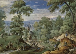 Hans Bol (Malines 1534 - Amsterdam 1593); Landschap met Jachttaferelen