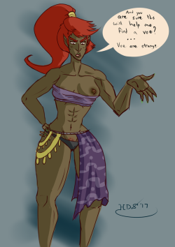 A doodle of a Gerudo vai trying some new methods to find her