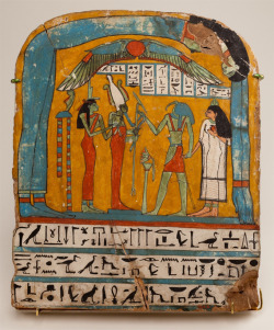 dwellerinthelibrary:  Two painted wooden stelas at the Met, both from Deir el Bahari and both dedicated by women, with some interesting use of colour. At top (25th Dynasty), Tabakenkhonsu is painted pink rather than the more conventional yellow, presumabl