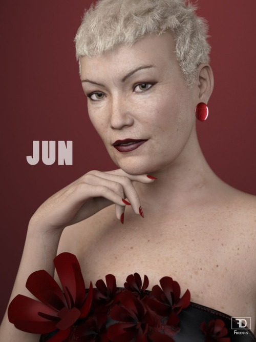  Meet Jun. She’s a new mature character, for genesis 3 female, well-aged and full of surprises. She will fit into any role you can think of, from a medieval fantasy  queen to a high fashion glamour lady. The limit is your imagination.  Compatible