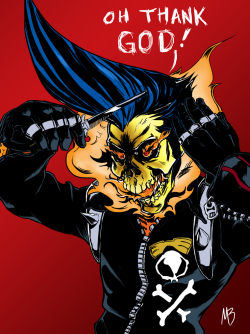 JP as a Ghost Rider expressing relief that his hairdo survived