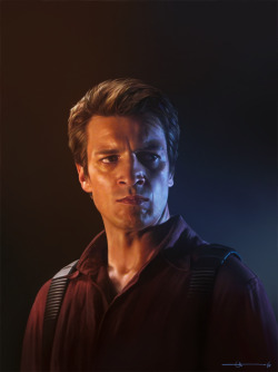 euclase:  Malcolm, drawn in PS. [Caption: A realistic digital painting of Malcolm from Firefly. Portrait is from the chest up. Malcolm is wearing a rust red shirt with black sci-fi style suspenders. The left half of his face glows in a warm orange light.