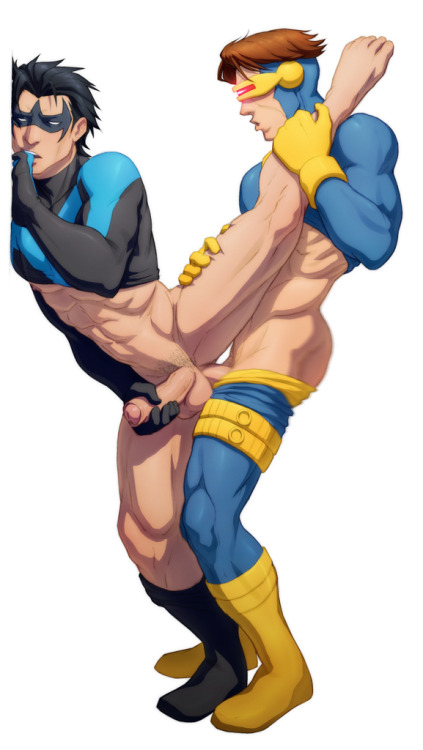 Love A Hunky Hero! Marvel’s Cyclops & DC’s Nightwing & Red Robin. Art by Szadek