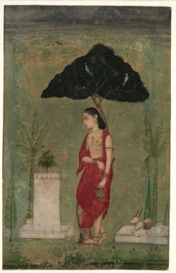 arjuna-vallabha:  Woman worship a sacred Tulasi plant, rajasthani painting 