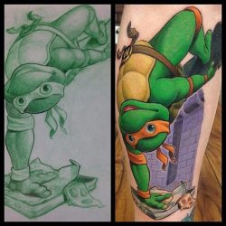 tattoosnob:  Skateboarding Michaelangelo tattoo by @painfulreminders