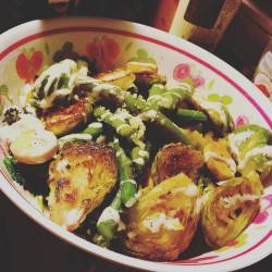 First meatless Monday. #kale #spinach #bagelcroutons #brusselsprouts