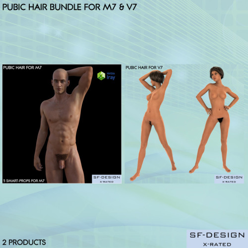2 products at a discounted price! Get all the pubes you need for your M7 and V7 characters. Created by the talented SFD! This product works in Daz Studio 4.8 and up however, does not work in poser. Save 15% when you go for the bundle! What a deal!Pubic