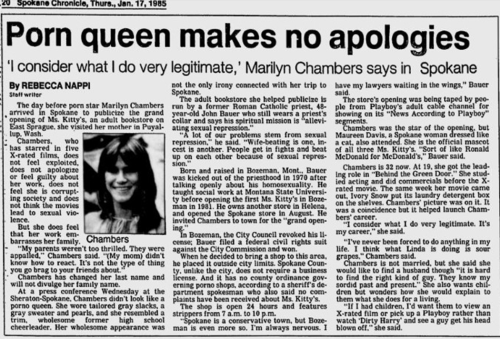 “Porn queen makes no apologies,” Spokane Chronicle, January 17, 1985 Visit Private Chambers: The Marilyn Chambers Online Archive