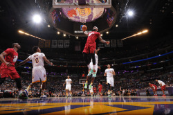 nba:  LeBron James #6 of the Miami Heat attempts a dunk during