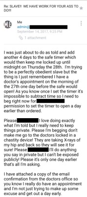 I had to beg to be temporarily allowed out of chastity for my doctor&rsquo;s appt coming up next week. Permission was granted but my original chastity sentence has been doubled!