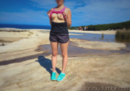 myassisforyou:  Xox reblog if you love this setâ€¦ A Beautiful hike in summer and some cheeky photos with people in the background. Which is your favourite pic? My tits are looking pretty round in that first pic â˜ºï¸   So not only does she have an amazi