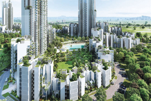 Project for Ireo Victory Valley, Sector-67, Gurgaon, state of Haryana, India (3 graphic renderings plus an under construction photo)