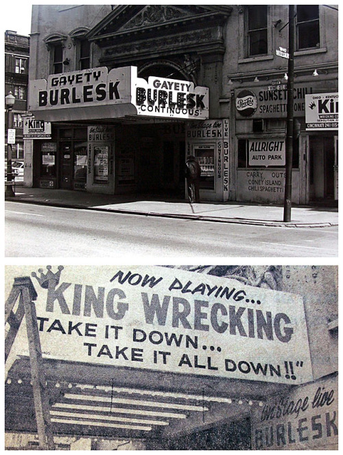 A vintage photo (top) from May 1970 shows the facade of the ‘GAYETY Theatre’ at 816 Vine Street, in Cincinnati, Ohio.. The venue began running Burlesque shows in 1922, when regular patrons sometimes referred to it, as the: “Vine Street Opera”.