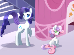 shycharm:  Rarity and Sweetie Belle in the Carousel Boutique.