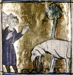 medieval:  A dog eating its own vomit; a man and woman stand