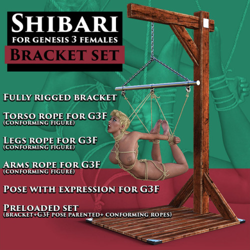 Available now by powerage! A brand new Shibari Bracket set ready for your Genesis 3 Females! Don’t let her get away! Check the link for what’s all included and for more image examples. Compatible with Daz Studio 4.8 and up! Shibari For G3F - Bracket