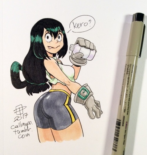 grimphantom2:  callmepo:   Tiny doodle of Tsuyu Asui (aka Froppy) from Boku no Hero Academia (My Hero Academia) during a training session.   She is so cute! Kero kero!  Needed a break from this last commission and she popped into my head. (Hopefully openi