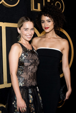 thronescastdaily:Nathalie Emmanuel & Emilia Clarke at HBO’s