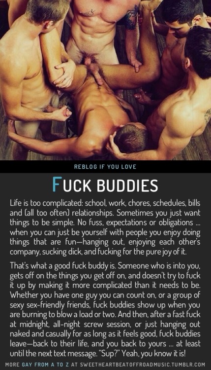 sweetheartbeatoffroadmusic:  FUCK BUDDIES. Find your thing: Gay From A to Z, view the full indexÂ alphabetically or by category, or check out my blog. Image source here.  I don’t think this would last. It can for sure start out this way, and it