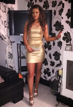Oldham chav slag in a gold dress getting ready for a night of