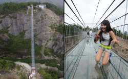 unexplained-events:    Shiniuzhai Geopark Glass Bridge  The worlds’s longest glass bridge located in China. It spans 984 ft long and is 590 ft above grount. 