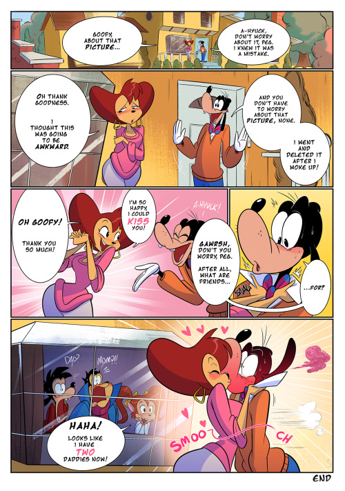 cheesecakes-by-lynx:  Commissioned comic for DarkVigilante, featuring a little shipping with Goofy and Peg from Goof Troop.  I’m really happy with the kiss, so here’s a closeup of it- And also a sort of “process” gif, though it skips a lot of