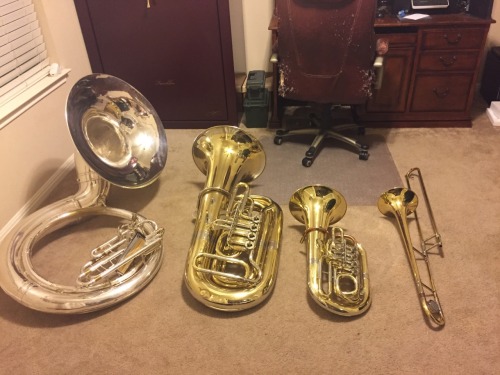 tuba-twerk-team: thelowbrass:  tuba-twerk-team:  The gangâ€™s all here  DONT SET THE TROMBONE LIKE THAT ARE YOU TRYING TO BEND THE SLIDE WHAT THE HELL STOP IT I AM GOING TO CRY  it was there for less than a minute before getting put back in its case and