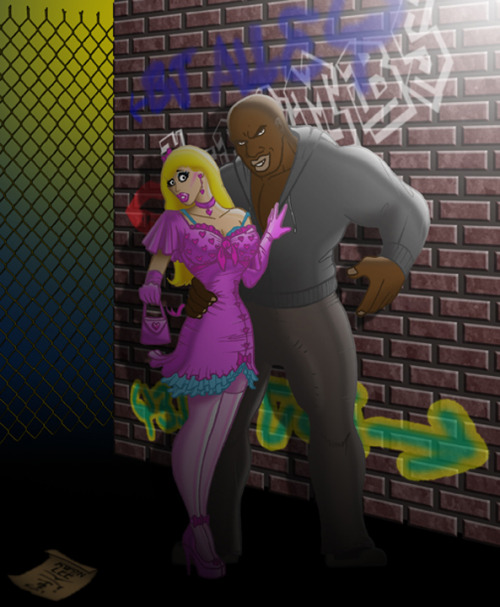 bimbofied white sissy who is about to be used in a dirty alleyway by a big black guy (by tranart)