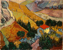 artist-vangogh:  Landscape with House and PloughmanMedium: oil,canvashttps://www.wikiart.org/en/vincent-van-gogh/landscape-with-house-and-ploughman-1889