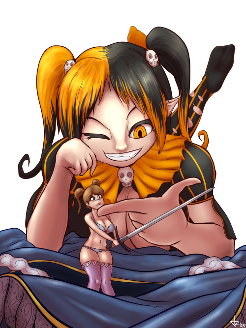 xanafar:  The little half-imp girl Naran used her shrinking powers against the swordwoman Alise. Her magical sword, able to change its size at her will, but bound to Alise’s actual size, is a fancy tootpick for now-not-so-little Naran. I doubt people