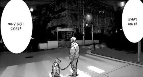 This is from the manga Inu Yashiki which is about a middle aged man who has a family who does not love him and the only one who does love him is his dog. He has just been informed heâ€™s going to die in three months because of cancer but one night his