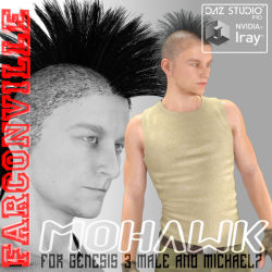 Mohawk  made especially for Genesis 3 Male and Michael 7 with 9 colors and 9  styles to choose from. The Mohawk Crown comes with morph sliders as well  as the Mohawk shavings. Your imagination is the only limit. 36% off until 11/30/2016! Compatible with