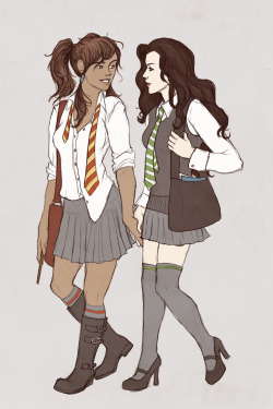 reallycorking:  Femslash February art! Korra/Asami Hogwarts AU.