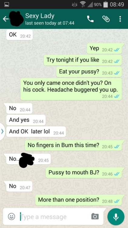 hotwifesextext:  1 of 4  This is a WhatsApp conversation between my woman, who has a regular fuck buddy, and myself.   We gave a game we play, where she gets a points target and challenges, to do by the end of the year. Various points are given for differ