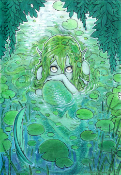 mermaholic: A timid nixie peaks at us from her lily-padded pond.