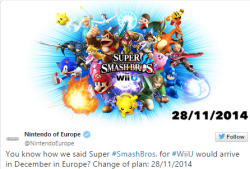 ssb4dojo:  SMASH BROS RELEASE DATE CHANGE!!!!!!! Europe - November