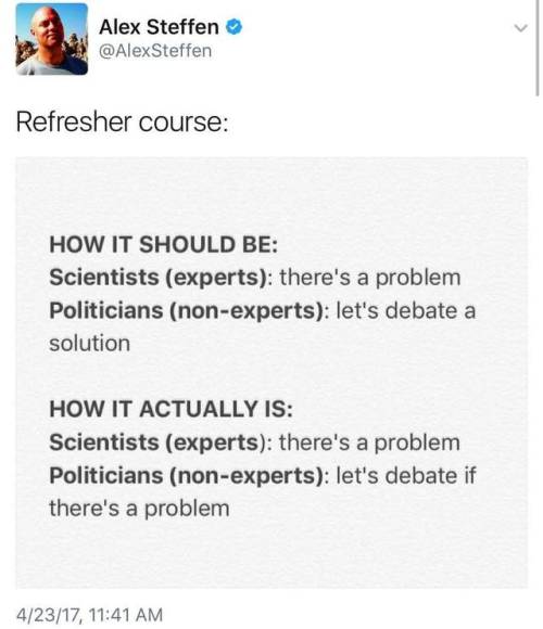 brainstatic: It’s more like: Scientists: there’s a problem Bad scientists from a think tank funded by companies that require those problems to exist in order to stay profitable: no there isn’t Politicians who receive donations from said companies: