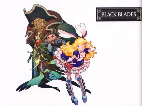 jade-of-impala:  Concept art of the Black Blades scanned from the Bravely Default Deluxe Artbook Featured are Nobutsuna Kamiizumi the swordmaster, Konoe Kikyo the ninja, Qada the salve maker, and performer Praline a la Mode. The pirate Heyreddin Barbaross