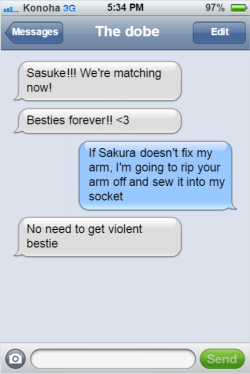 textingninjasofkonoha:  Sasuke isn’t really happy about his